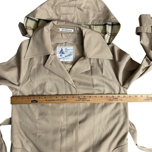 Misty Harbor Trench Coat Hooded Beige Kahaki Long Belted Jacket Women’s 12 Vtg - Picture 11 of 16